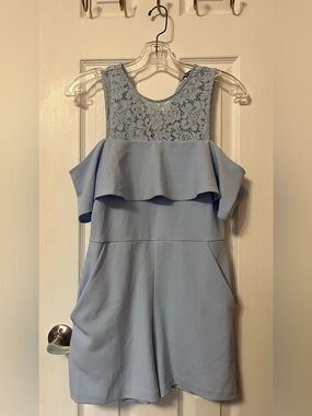Express Light Blue Lace Romper with Floral Appliqué